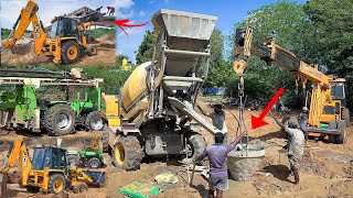 JCB 3DX Super and AJAX 4000 Deutz 80 Borewell Tractor ESCORTS Crane Working together PILE Foundation [upl. by Giorgio429]