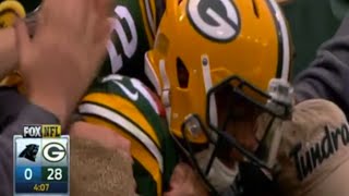 Fan Spills Ketchup on Randall Cobbs Jersey During Lambeau Leap Packers vs Panthers 2014 [upl. by Kizzie]