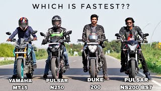 Pulsar NS200 BS7 Vs Duke 200 Bs6 Vs Pulsar N250 Vs Yamaha MT15 Bs6  Quad battle [upl. by Patrizius117]