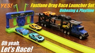 Toys Fastlane Car Carrier Semi Hauler Truck and Drag Race Track Launcher Playset Unboxing [upl. by Kcirdnekel]