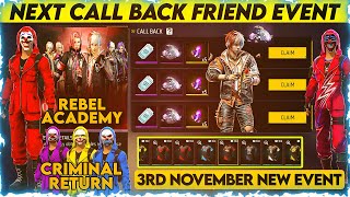 FREE FIRE NEXT CALL BACK EVENT  NEW CALL BACK EVENT  FFWS FREE SHIRTS  CRIMINAL BUNDLES RETURN [upl. by Nalniuq843]