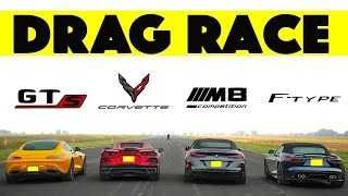 Jaguar FType vs BMW M8 Comp vs Chevy Corvette C8 vs Mercedes Benz AMG GTS Drag and Roll Race [upl. by Zetroc54]