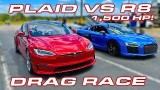 HOW TO BEAT A PLAID  1400 HP Audi R8 Twin Turbo vs Tesla Plaid Drag Race [upl. by Fanny]