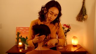 ASMR Binaural Real Person Gua Sha Shoulder amp Neck Massage  Hair Brushing amp Braiding [upl. by Fanchan235]