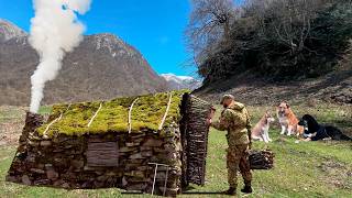 Building a cozy stone shelter with a fireplace  my survival bushcraft house  solo camping [upl. by Ahsinej578]