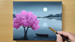 Black amp White Landscape Painting for Beginners  Cherry Blossom  Acrylic Painting Technique [upl. by Leffen685]