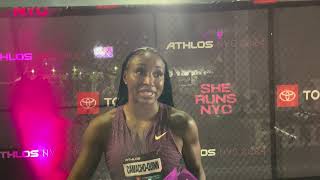 Jasmine CamachoQuinn Reacts To Winning 100mH At Athlos NYC [upl. by Yreffej252]