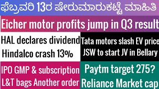 13 February stock market newsEicher MotorHALHindalcoTata motorsJSW steelPaytmRelianceLampT [upl. by Neirb]