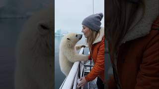 A little polar bear that wants to get on the boat polarbear cuteanimals arcticanimals [upl. by Lua]