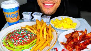 ASMR CHRISTMAS DAY MUKBANG IHOP HOLIDAY BREAKFAST PANCAKES EGGS BACON HAM FRIES EATING NO TALK JERRY [upl. by Shelburne]