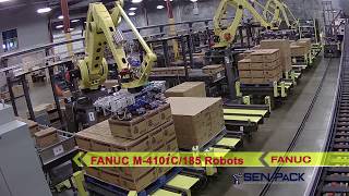 Robotic System Uses Three FANUC Palletizing Robots to Service Nine Production Lines  SenPack [upl. by Harrell]