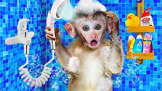 Baby Monkey Bi Bon take a shower in the bathroom and wash clothes  Monkey Baby Challenges [upl. by Adnarram]