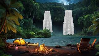 ASMR Video Campsite Campfire Lake Waterfalls Forest Trees Nature and Running Water Sounds [upl. by Brent]