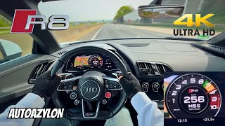 Audi R8 V10 Spyder POV Drive AUTOBAHN  Insanely LOUD  Lots of DOWNSHIFTS  Pops amp Bangs 4K [upl. by Reckford]