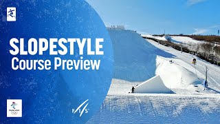 Beijing 2022 Olympic Winter Games slopestyle course SNEAK PEEK  FIS Snowboard [upl. by Icnan]