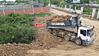 Really Great Heavy Duty Truck Filling land with Strong KOMATSU D58E Bulldozer pushing soil [upl. by Acinorrev]