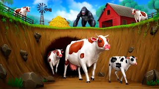 Crazy Cows Great Escape from Underground Tunnel Greedy Farmer and Gorilla Funny Animals Stories [upl. by Cliffes]