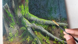 Acrylicpainting Tree Trunk with moss [upl. by Saravat]