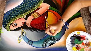 Full Video  Lady with Peacock Acrylic Painting  Traditional Painting Step By StepCanvas Painting [upl. by Asiaj503]