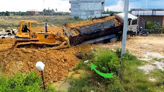 Incredible Dump Truck 25ton Drive Back Uploading Landslide Overturned Bulldozer Komatsu Help Rescue [upl. by Wendye]