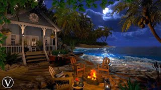 Cozy Beach House  Night Ambience  Campfire Ocean Waves amp Tropical Nature Sounds [upl. by Htez]