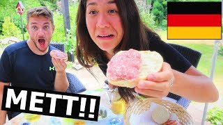 American Tries RAW PORK in Germany Mettbrötchen [upl. by Etteve]