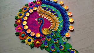 1220 Peacock rangoli designs  satisfying video  Sand art [upl. by Ahsa921]