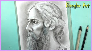 Rabindranath Tagore Charcoal pencil sketch  Very easy drawing  Banglar Art [upl. by Eelnyl422]