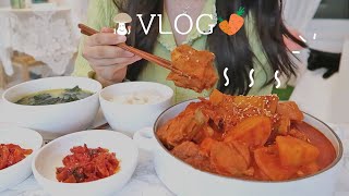 ENG 얼큰한 버섯 수제비🍄 당근라페 샌드위치와🥕 매운 갈비찜 해먹는 자취생 일상ㅣ스팸마리 김밥 로제중국당면 깍두기 담그기 삼겹살수육 냉털야채전 홍새우라면 치킨마요 [upl. by Nuoras]