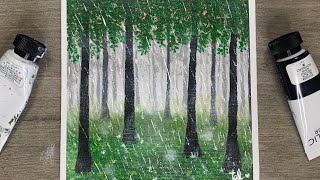 Raining Forest  Hard Raining Painting  Acrylic Painting for Beginners [upl. by Ahsimrac]