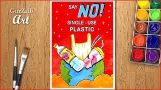 Say no to single use plastic drawing  poster chart painting for competition easy step by step [upl. by Worl603]