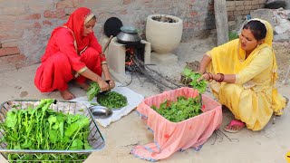 Sarso Saag Made by PUNJABI Village Women💜Saag RecipeMakki Roti💜Village Life of Punjab cooking [upl. by Atat]