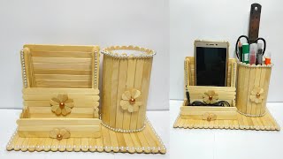 Ide Kreatif  Membuat Tempat HP sekaligus tempat pensil dari stik Es Krim  Popsicle stick craft [upl. by Ysdnil464]