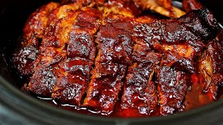 Super Easy Slow Cooker Ribs  Fall Off The Bone BBQ Ribs Recipe [upl. by Nanoc]