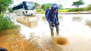 Draining a Heavily Flooded Street Unclogging Drains Stops Massive Floods [upl. by Silsbye]