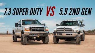 1999 Ford 73 Power Stroke Super Duty vs Dodge Ram 59 Cummins 2nd Gen  Which Is Better [upl. by Secnarf]