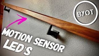 How To Install Stair Handrail On Stairs  DIY WALNUT RAIL WITH MOTION SENSOR LIGHT [upl. by Nora398]