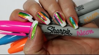 Sharpie Nail Art  DIY Sparkly Neon Highlighter Rainbow Nails [upl. by Alenairam]