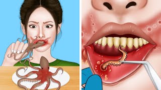 ASMR Animation Remove the octopus tail and heal the girls sore mouth  Mouth ulcer treatment [upl. by Ecaj]