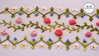 Border Design Embroidery Rose Stitch Flower border line [upl. by Beller]