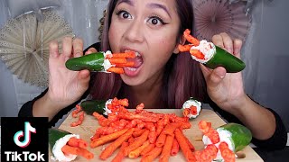 TRYING TAKIS CREAM CHEESE JALAPEÑOS WEIRD FOOD COMBO TIKTOK FOOD TREND [upl. by Rednirah]