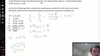 Calculating coordination number from ion size and predicting crystal structure example problem [upl. by Akiehsal624]