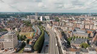 Ghent Belgium Esco Scheldt river embankment Panorama of the city from the air Cloudy weathe [upl. by Kacy]