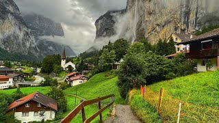 Lauterbrunnen Switzerland  Rainy walk in the most beautiful Swiss village  Fairytale village [upl. by Enitsugua]