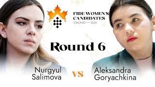 Round 6  Nurgyul Salimova  Aleksandra Goryachkina  Womens FIDE Candidates 2024 [upl. by Anneiv]