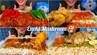 Asmr Eating Enoki Mushroom with Spicy 🥵 Sauce Fried whole Chicken Fried Fish 😋 Stella Asmr 🥰 [upl. by Aiek]