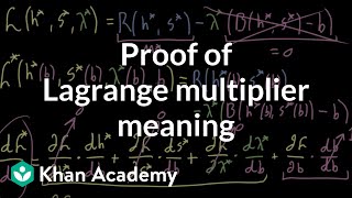 Proof for the meaning of Lagrange multipliers  Multivariable Calculus  Khan Academy [upl. by Mide]