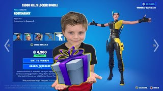 GIFTING My 9 Year Old Kid NEW Fortnite Tabor Hill Locker Bundle ONLY if He Completes SCARY DOLL GAME [upl. by Aikmat47]