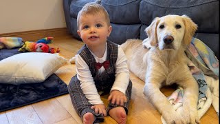 Adorable Baby Boy Wont Stop Hugging His Golden Retriever Puppy Cutest Ever [upl. by Aimahc]