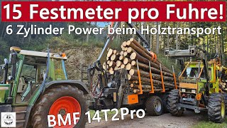 15 Festmer pro Fuhre amp 6Zylinder Sound beim Holztransport  BMF 14T2Pro Rückewagen [upl. by Burty4]